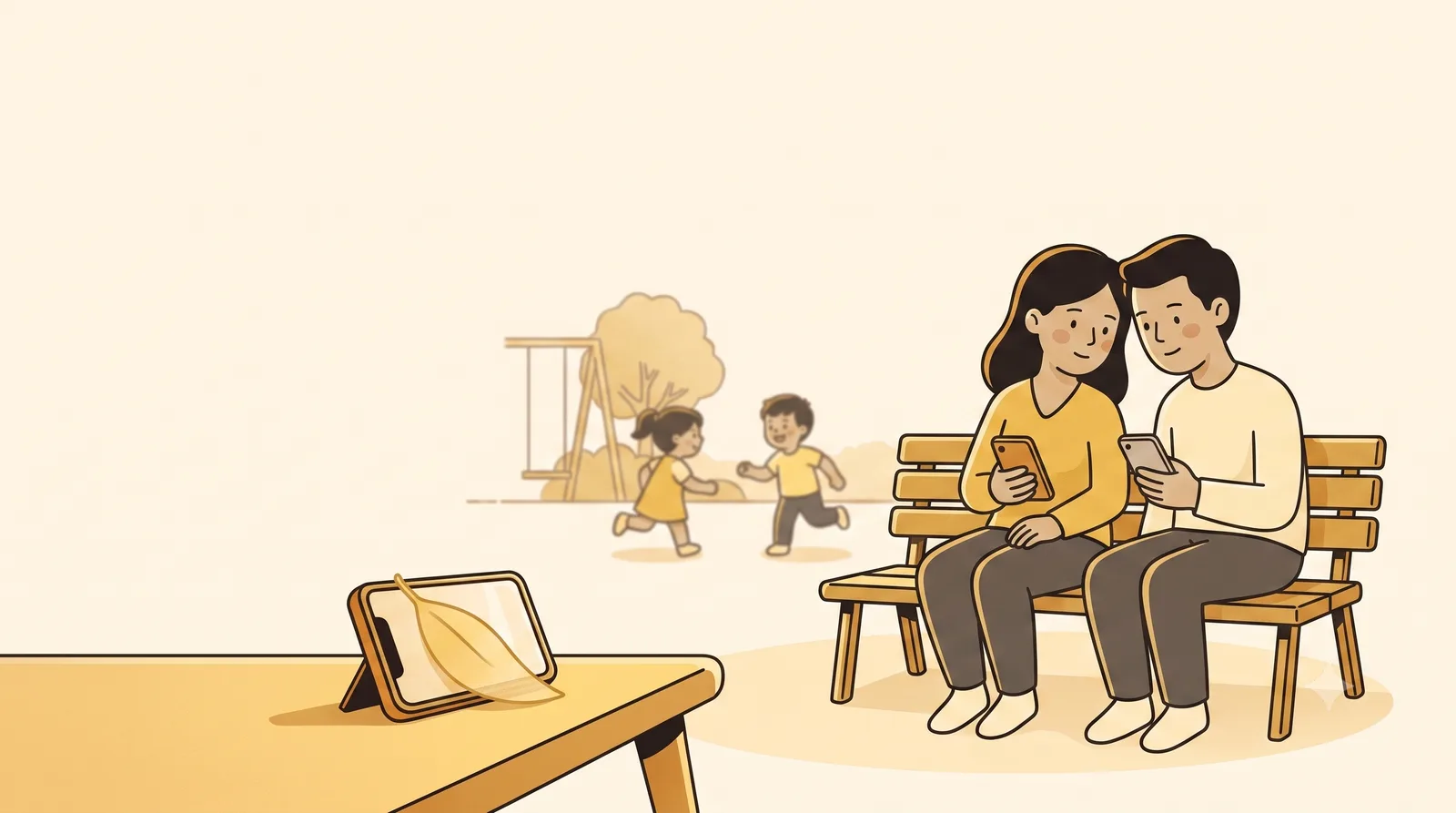 Two parents sitting side by side on a park bench, each holding a phone and comparing the two screens, while their children play on a slide behind them and a tablet rests propped on a stand in the foreground.