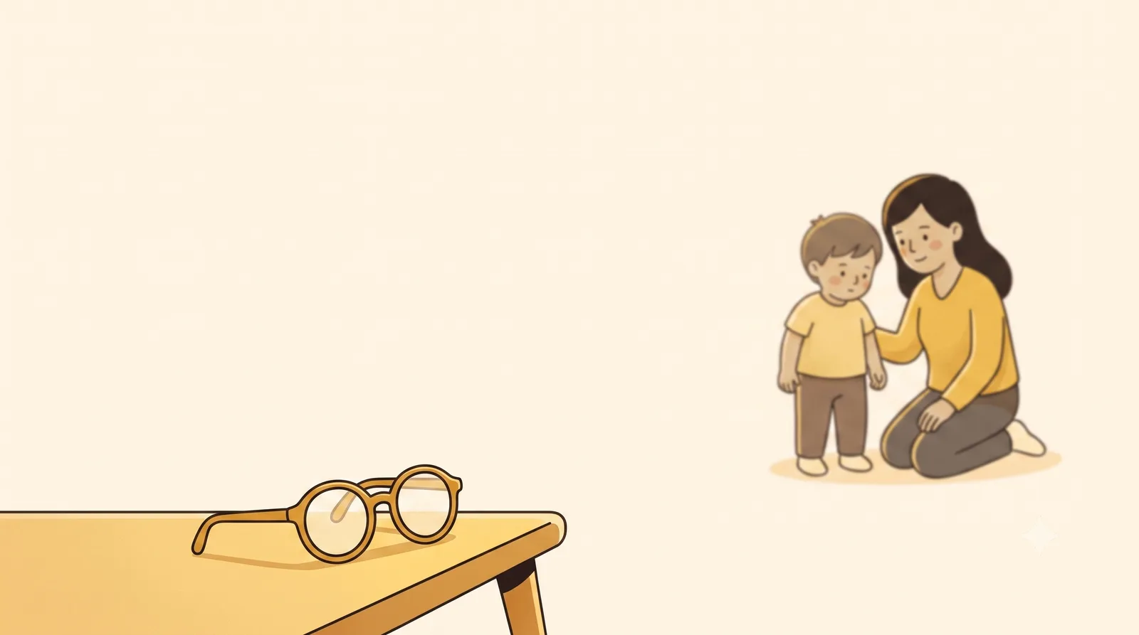A pair of round glasses resting on a wooden table in warm light, with a parent kneeling to talk to a young child in the background.