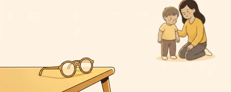 A pair of round glasses resting on a wooden table in warm light, with a parent kneeling to talk to a young child in the background.