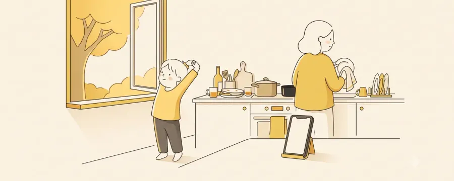 A child stretching and looking out of an open kitchen window while a parent washes up at the counter, with a phone propped on a stand further back.