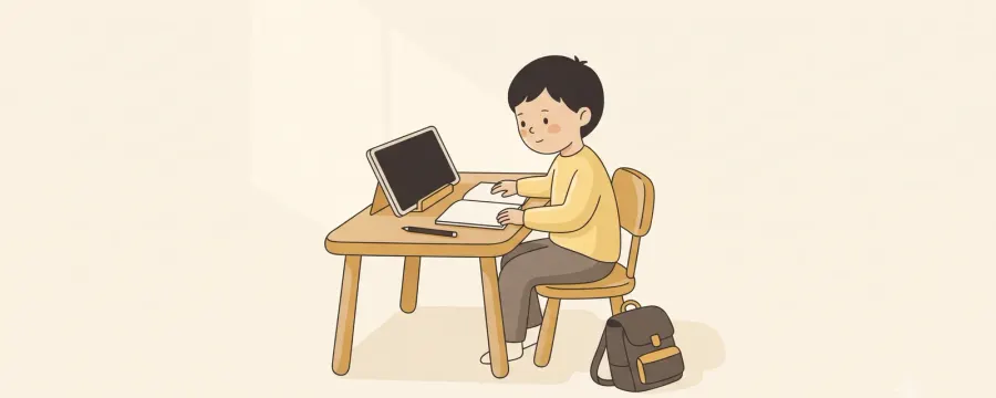 A school-age child sitting at a small desk doing homework, with a tablet propped up beside an open notebook and a school bag on the floor.