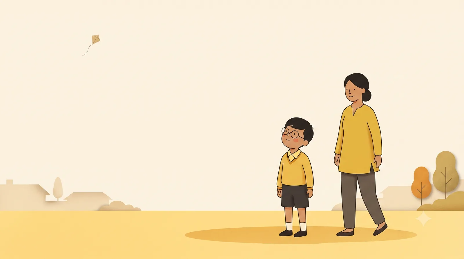 A young boy wearing round glasses standing outdoors in an open field beside a parent, looking up at a kite in the sky.