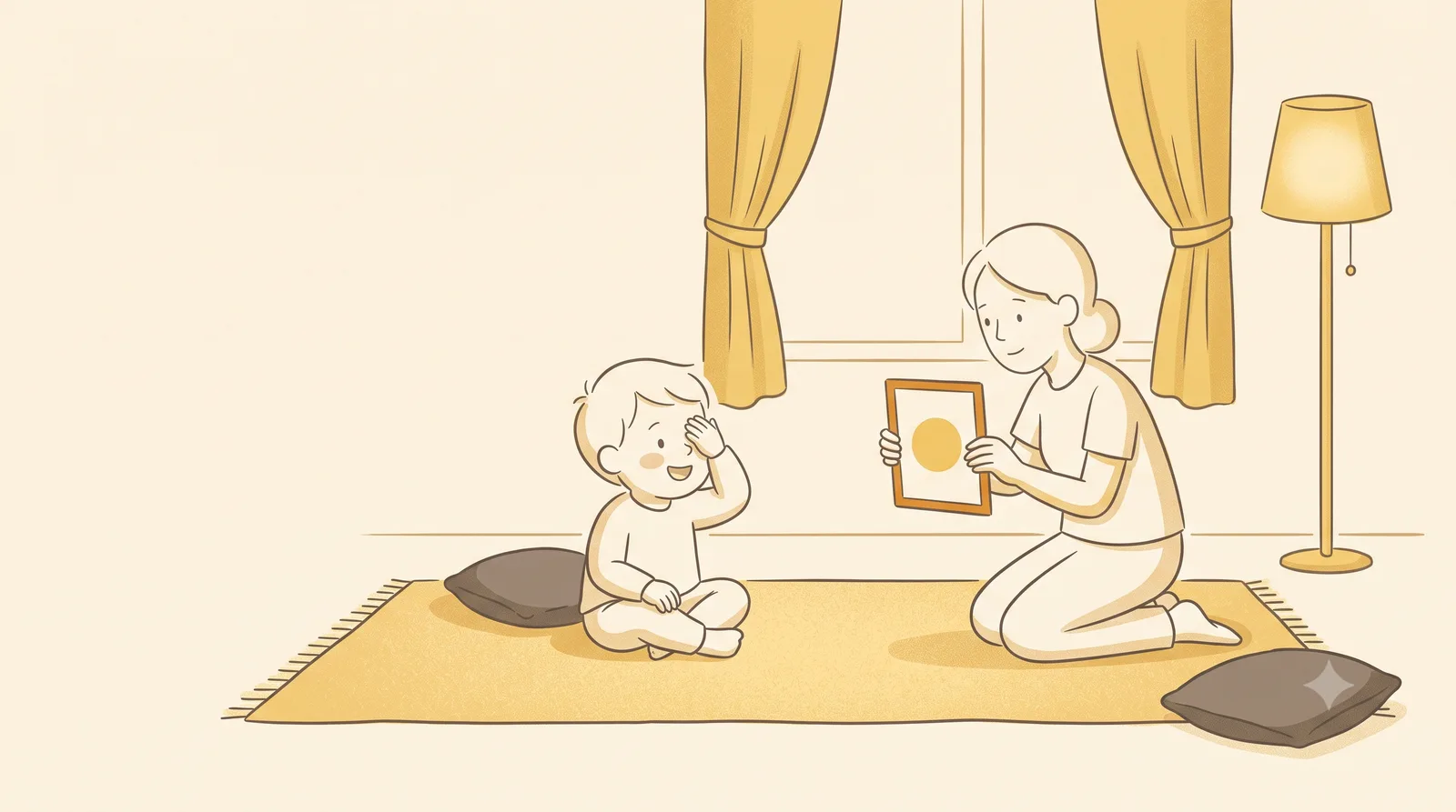 A young child sitting cross-legged on a rug covering one eye with a hand, while a parent kneels opposite holding up a card with a simple shape on it.