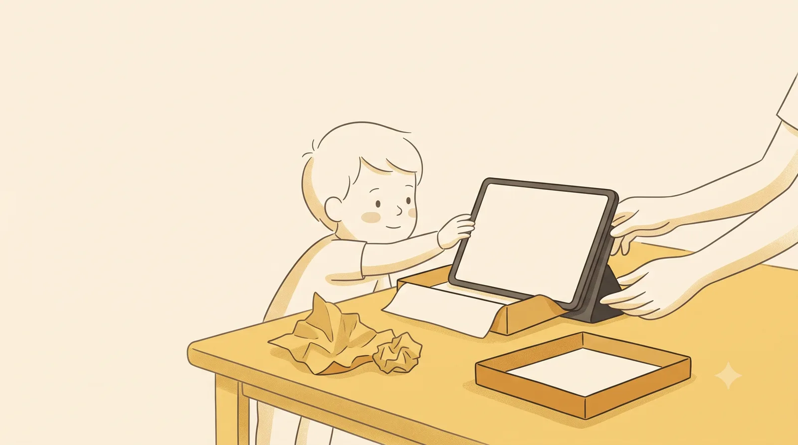 A young child and an adult's hands together setting up a new tablet on a stand at a table, with wrapping paper and an open box beside them.
