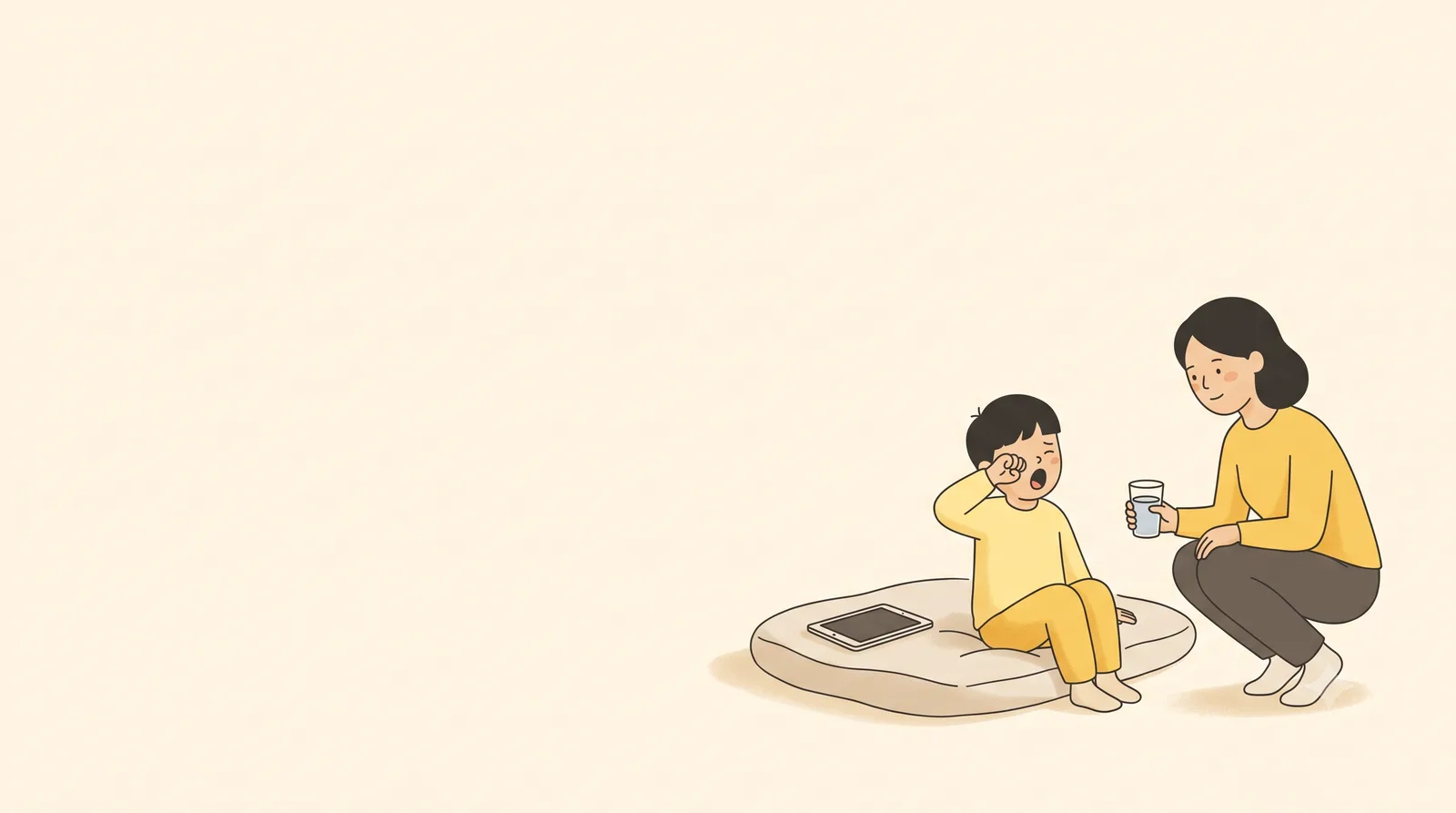 A young child sitting on a floor cushion rubbing one eye, with a tablet lying face-down beside them and a parent crouching nearby offering a glass of water.