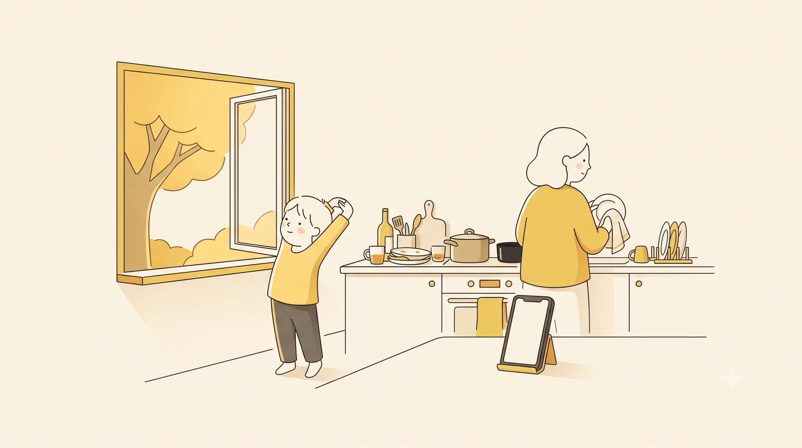 A child stretching and looking out of an open kitchen window while a parent washes up at the counter, with a phone propped on a stand further back.