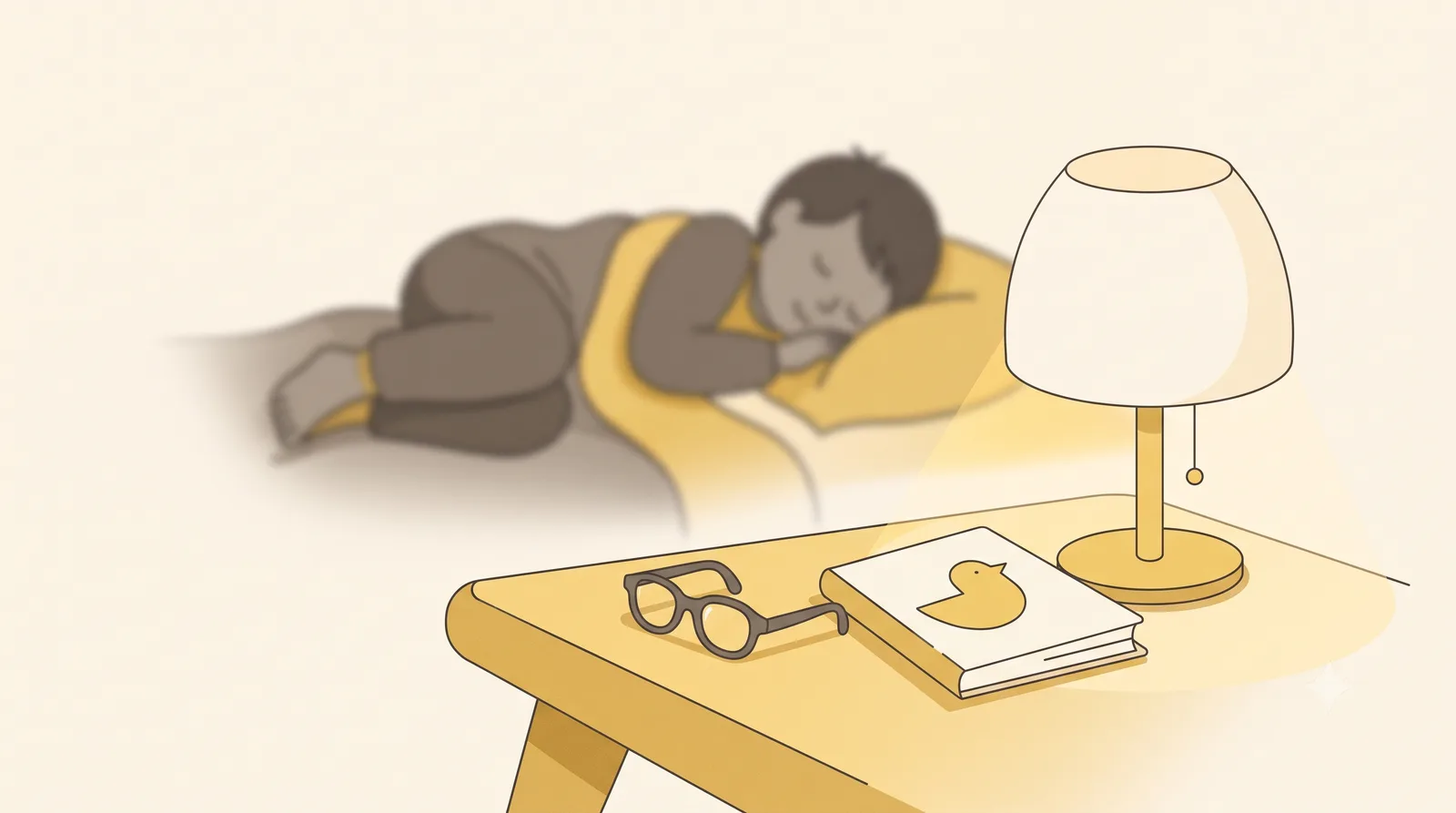 A child asleep in bed, with a small pair of glasses and a picture book resting on the bedside table beside a softly lit lamp.