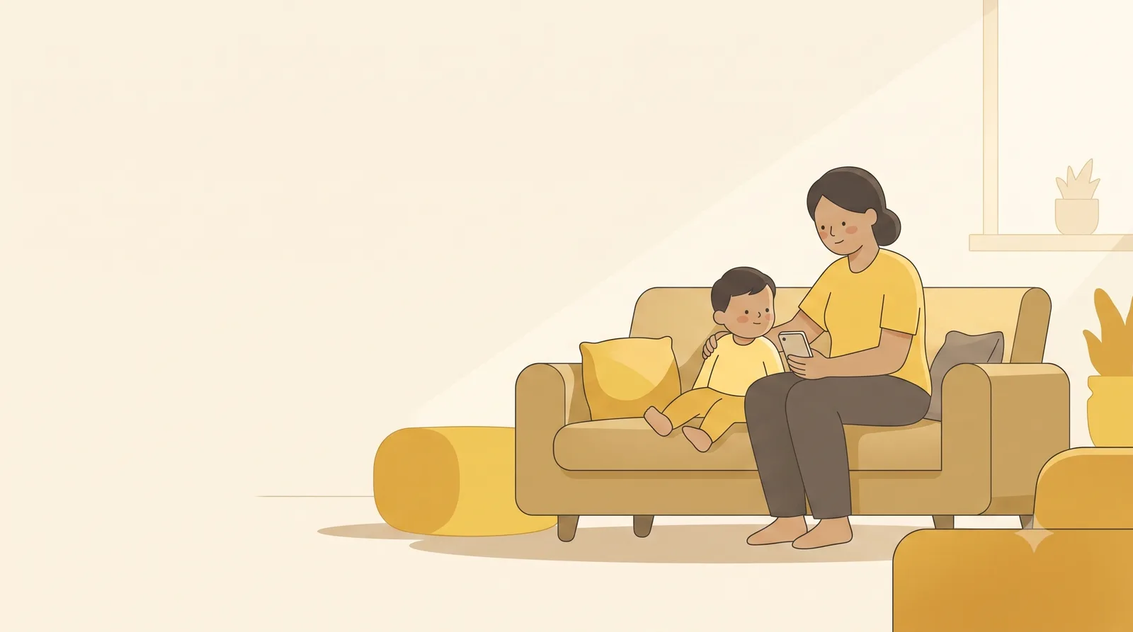 A parent and a young child sitting together on a sofa, sharing a phone held at a comfortable arm's length, with daylight coming through the window behind them.