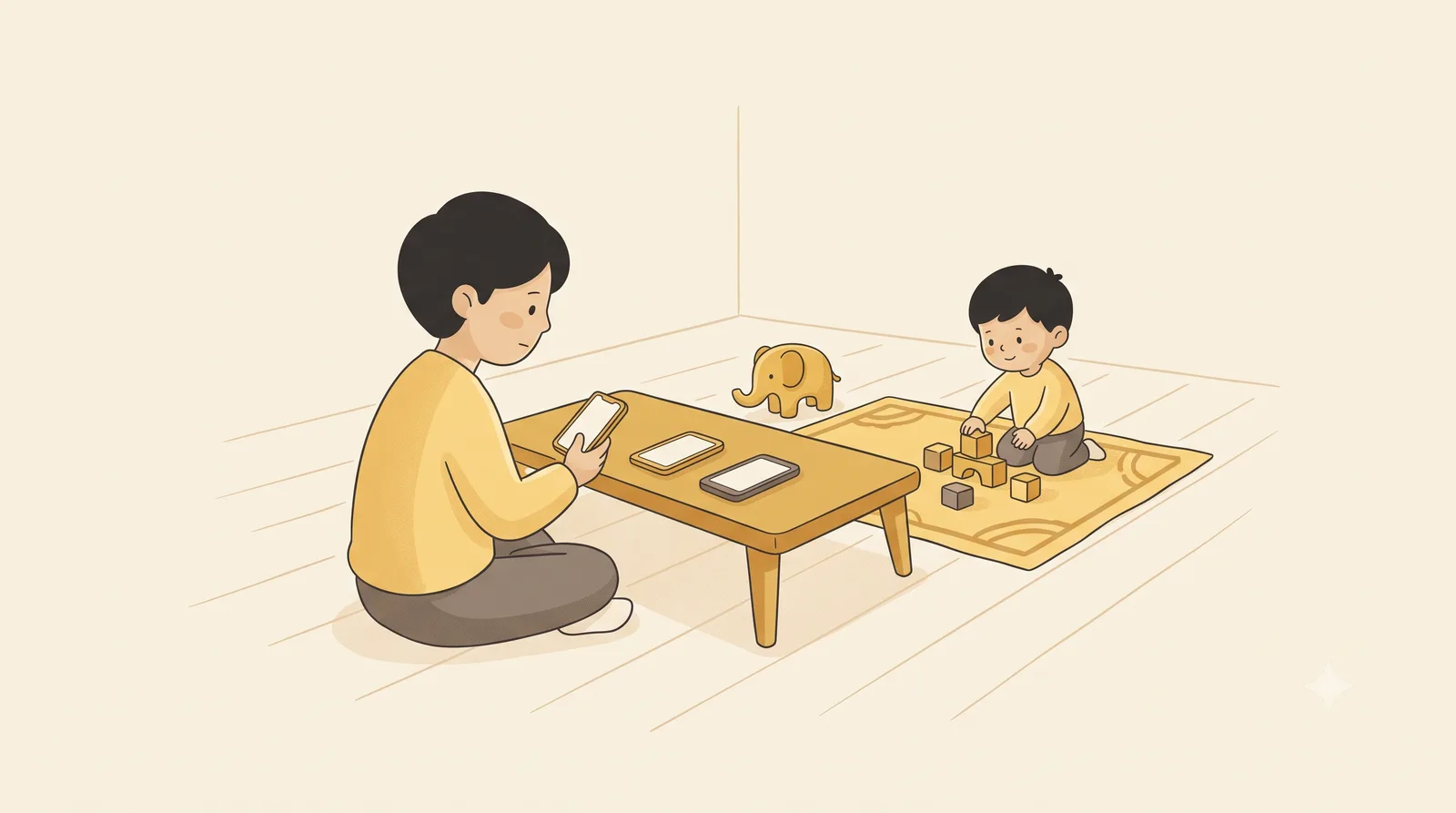 A parent sitting on the floor at a low table holding one phone, with two more phones lying flat on the table beside them, while a young child plays with wooden blocks on a rug nearby.