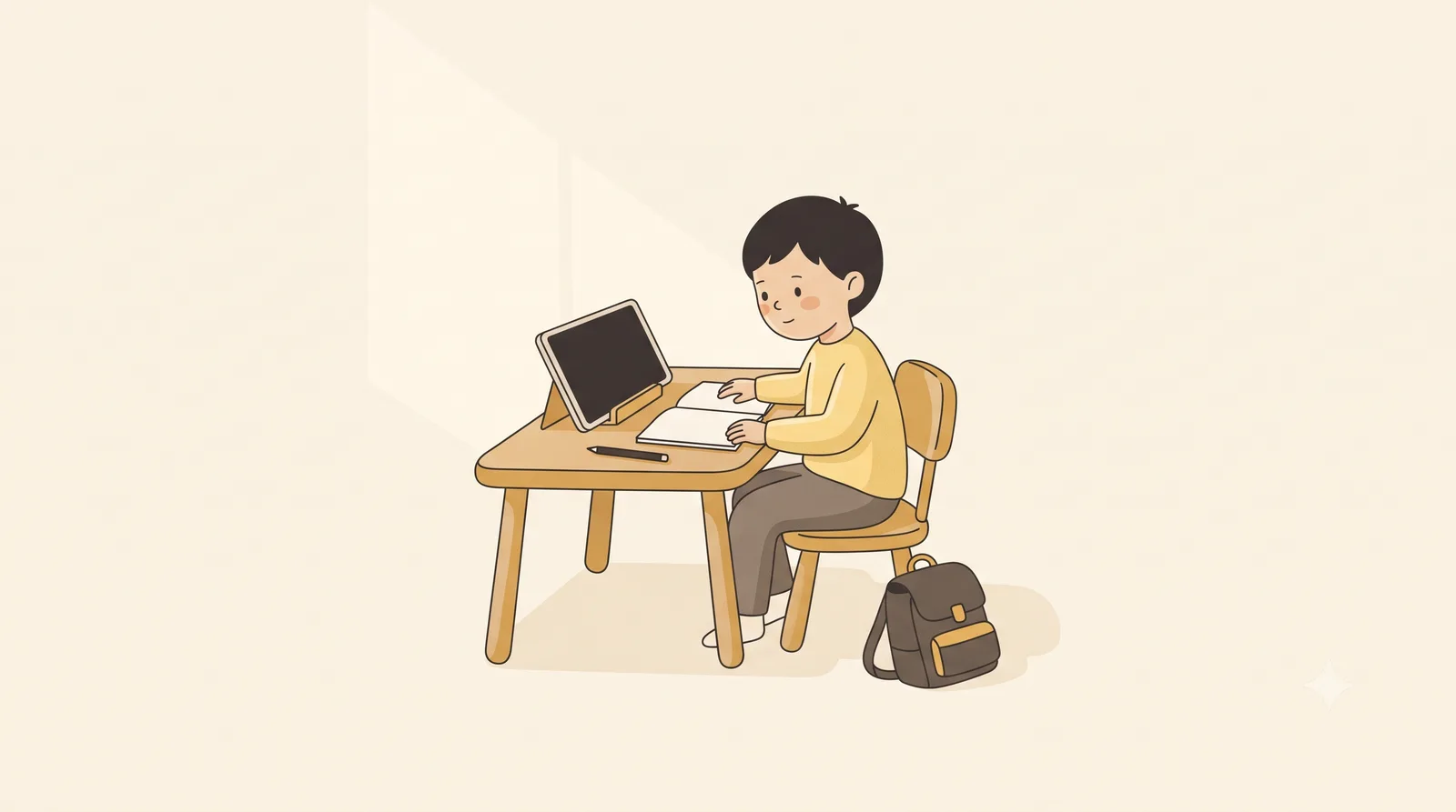 A school-age child sitting at a small desk doing homework, with a tablet propped up beside an open notebook and a school bag on the floor.