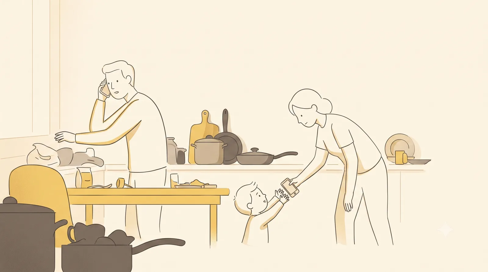 A busy kitchen in the early evening: one parent on a phone call by the counter, the other bending down to hand a phone to a small child.