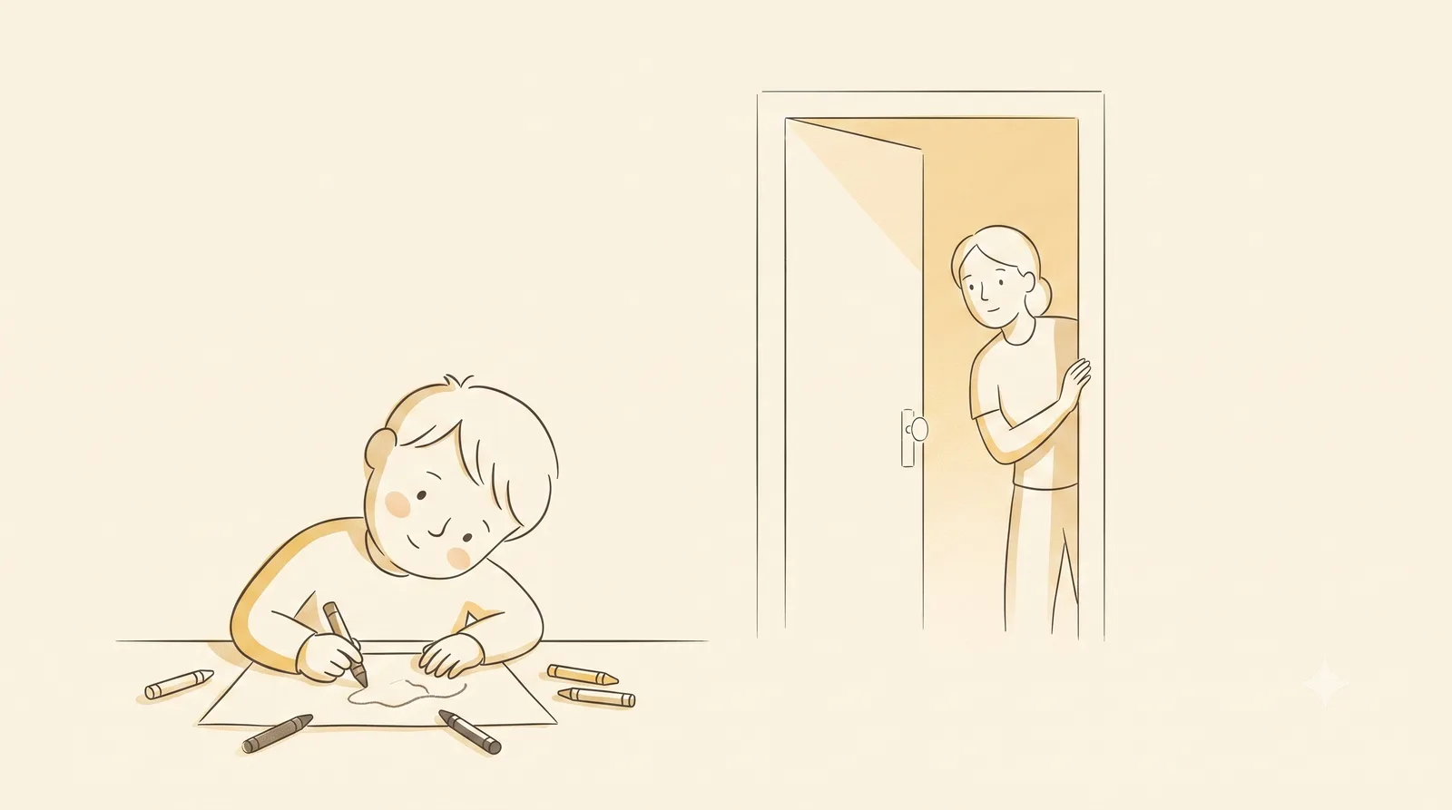 A young child drawing at a table with their head tilted and bent low over the paper, while a parent watches quietly from a doorway.