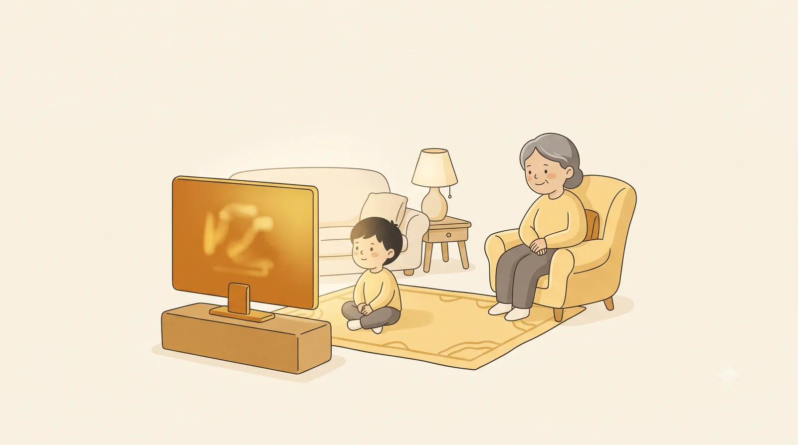 A young child sitting cross-legged on a rug close to a television, with a grandmother watching fondly from an armchair behind.