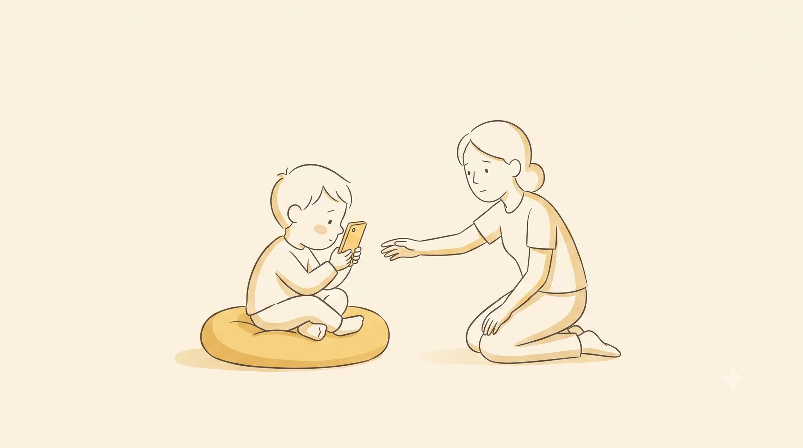 A small child sitting cross-legged on a floor cushion holding a phone right up close to their face, while a parent kneels nearby and reaches out gently to move it back.